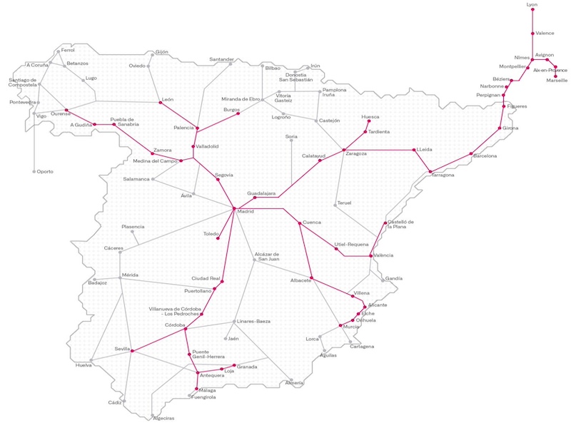 Kaart van netwerk van hogesnelheidstreinen in Spanje (juni 2023)