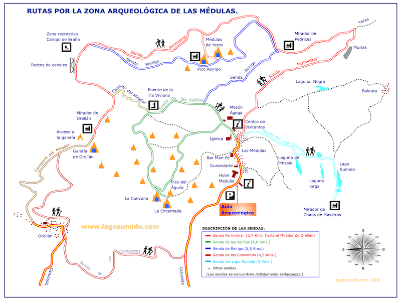 Kaart met wandelroutes in Las Médulas (Midden-Spanje)
