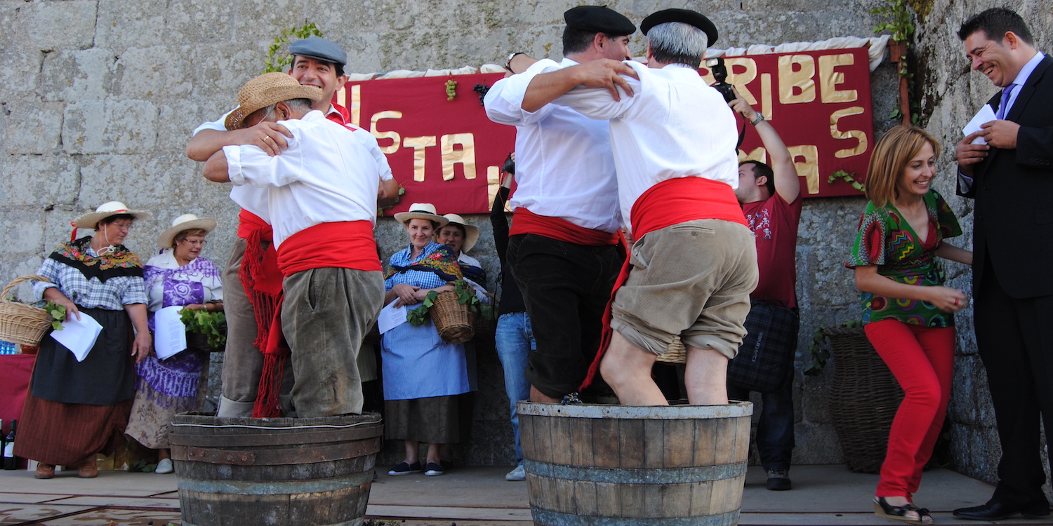 Druiven stampen tijdens een wijnoogstfeest in Castilië en Leon in Midden-Spanje