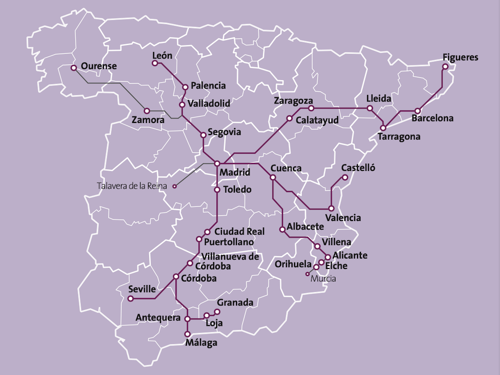 Steden in Spanje die anno 2021 per AVE hogesnelheidstrein bereikbaar zijn