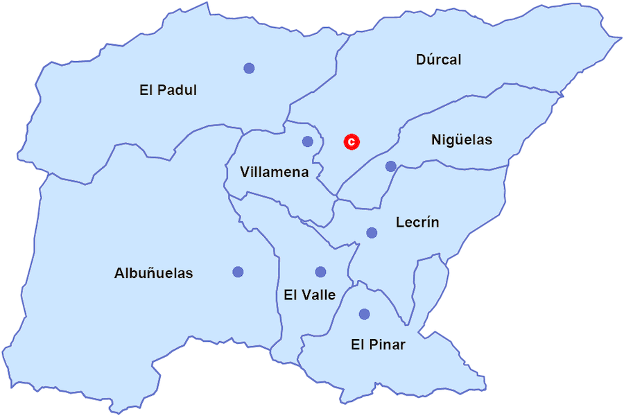 De verschillende gemeentes in de Lecrin vallei in Granada (Andalusië)