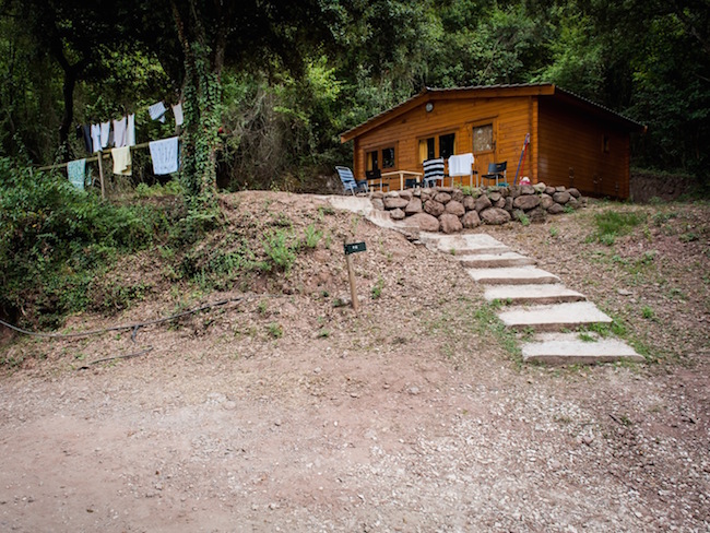 Een door natuur omringde bungalow van camping Manso Coguleras in Catalonië