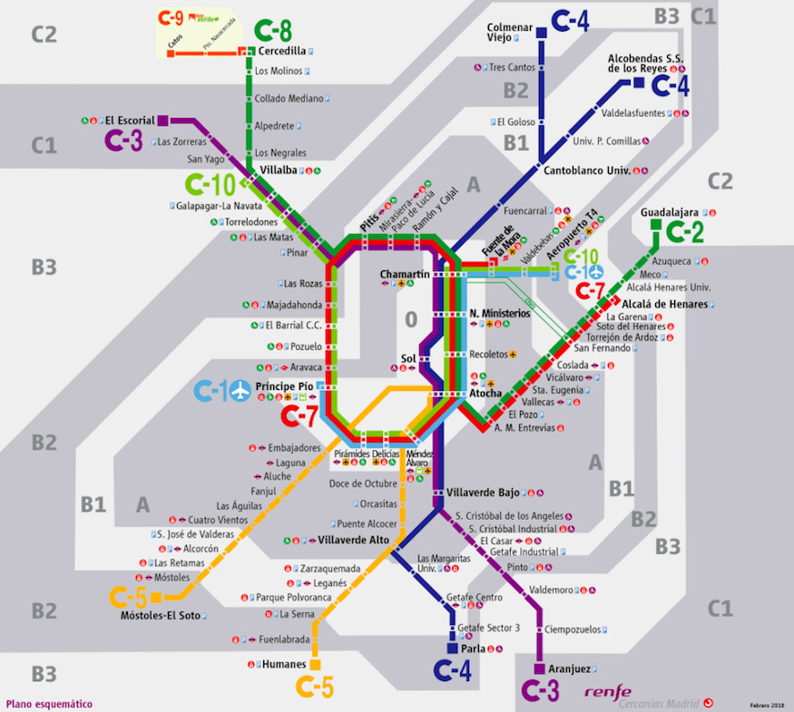 Overzicht cercanias treinen Madrid - kaart: Renfe