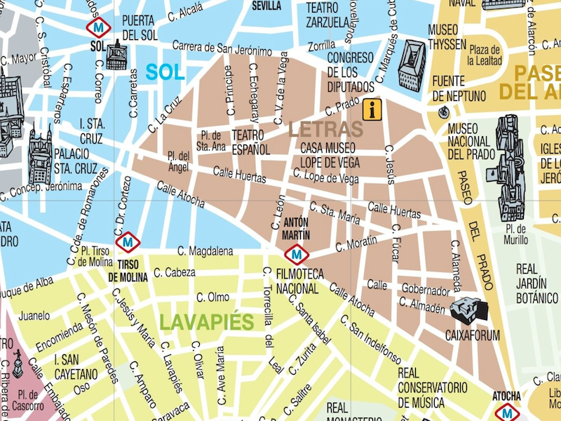 Kaart van Las Letras wijk in Madrid