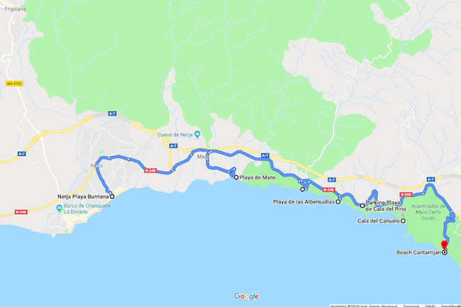Kaart van in baai gelegen stranden aan de Costa del Sol