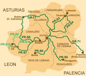 Kaart met wandelroutes door Potes (Liébana, Cantabrië, Noord-Spanje)
