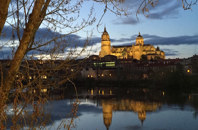 Kathedralen van Salamanca vanaf de overkant van de Tormes rivier