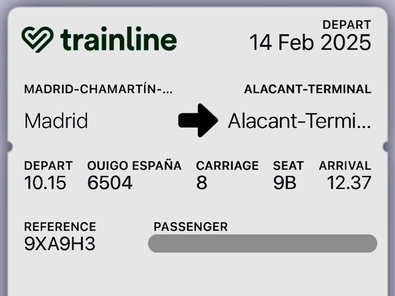 Treinticket Madrid-Alicante gekocht via Trainline