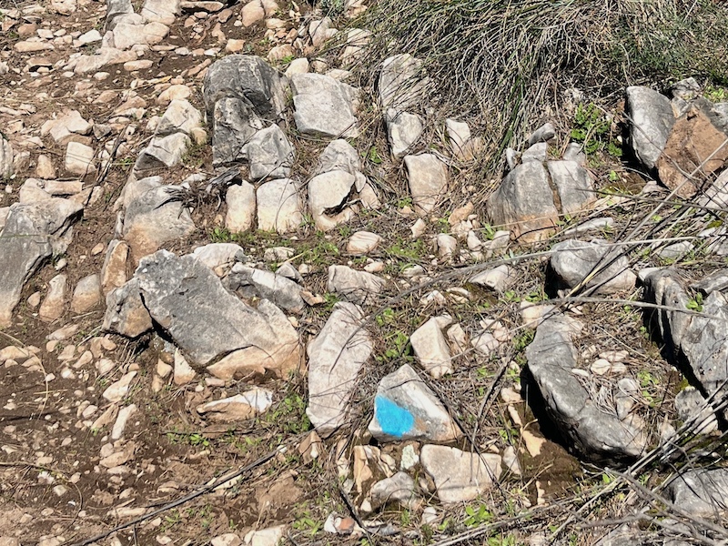 Wandelroute El Fuerte in Frigiliana wordt aangegeven met blauwe stippen verf